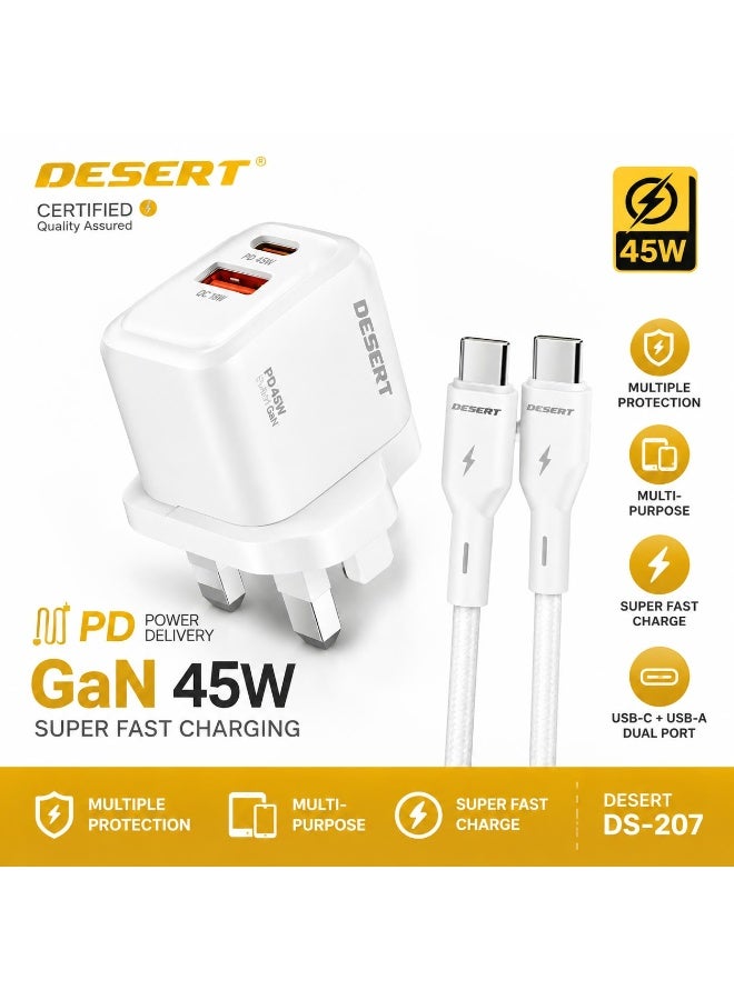 DESERT DS-207 45W GaN Fast Charger, PD Power Delivery, USB-C + USB-A Dual Port Charger