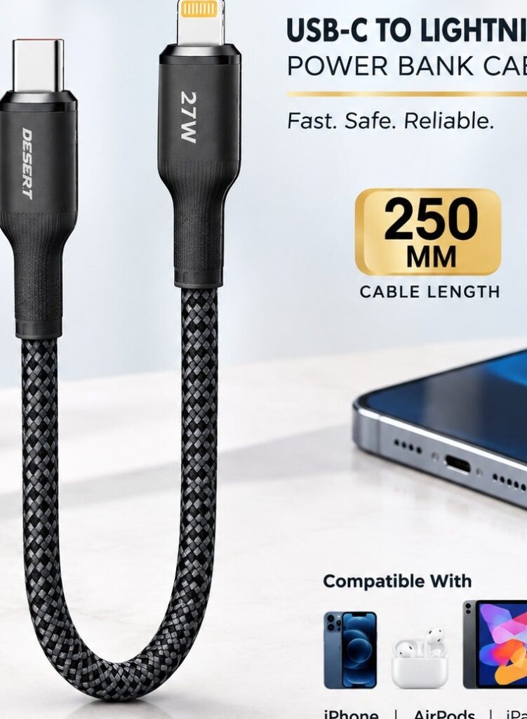 DESERT DS-114 USB-C to Lightning Cable 250mm, 27W Fast Charging, Premium Nylon Braided Cable for iPhone, iPad & AirPods