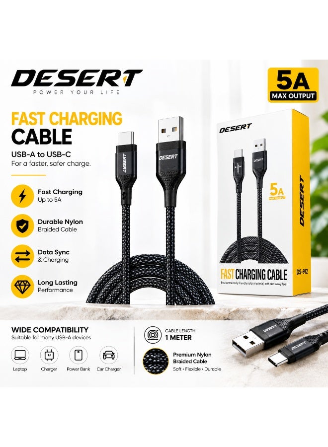 DESERT DS-912 USB-A to USB-C Fast Charging Cable, 5A Max Output, Premium Nylon Braided Cable, Durable Charging & Data Sync Cable