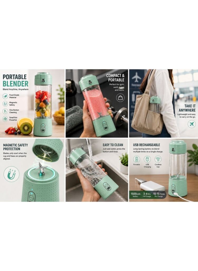 Portable Blender Rechargeable Mini Juicer – Personal Smoothie Maker for Home, Office, Gym & Travel