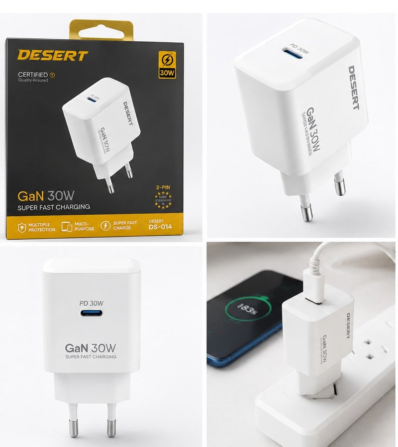 DESERT DS-014 GaN 30W Fast Wall Charger, USB-C PD, 2-Pin EU Plug, Super Fast Charging