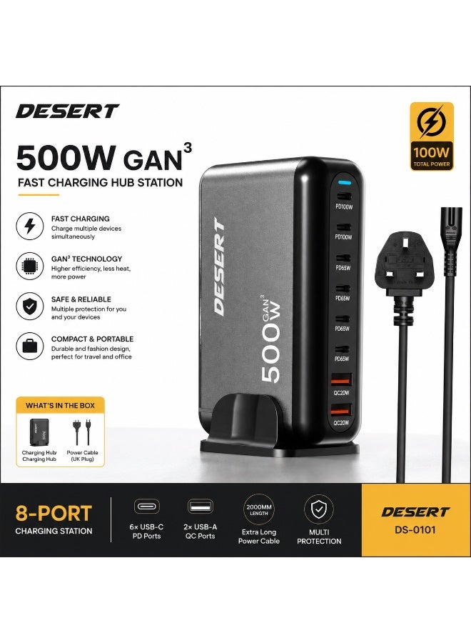 DESERT DS-0101 500W GaN³ Fast Charging Hub Station, 8-Port USB Charger, 6 USB-C PD + 2 USB-A QC, 100W Total Power, UK Plug, 2000mm Cable