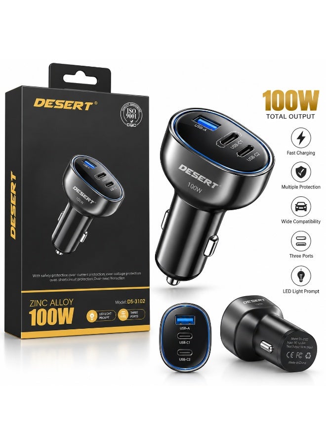 DESERT DS-3102 100W Car Charger – Zinc Alloy, 3 USB Ports, Fast Charging & LED Light