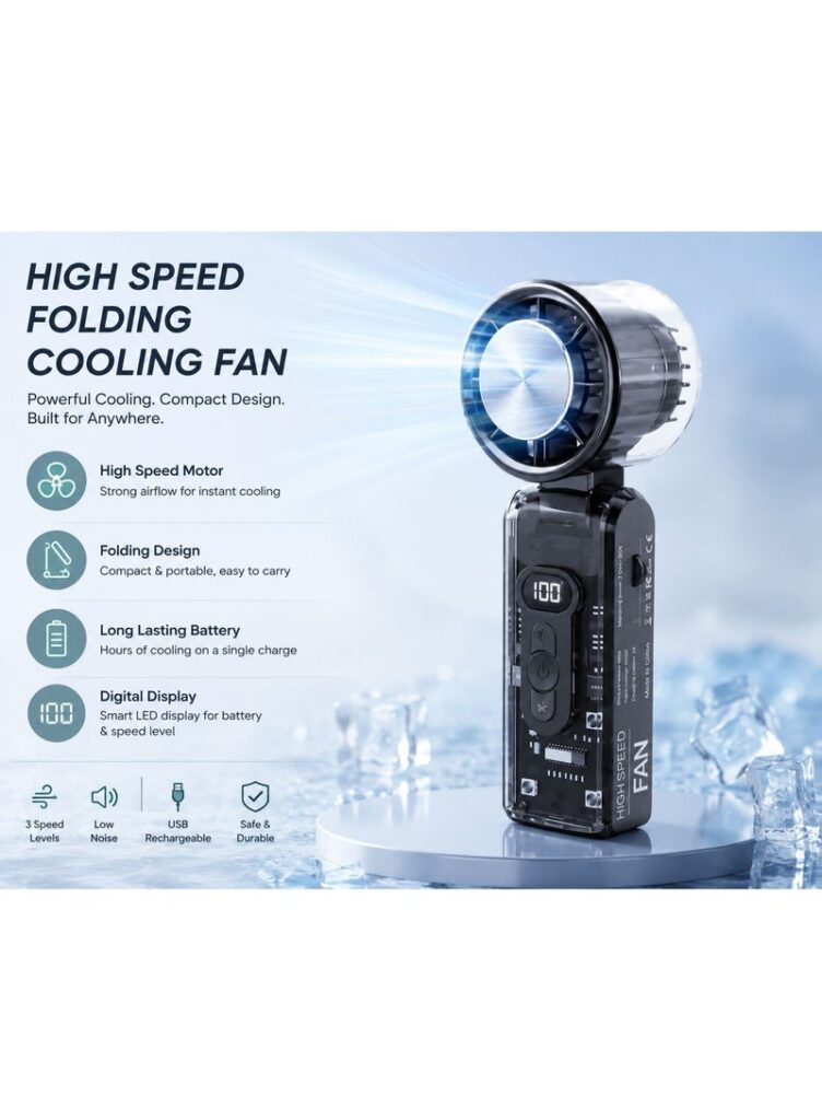 High Speed Folding Cooling Fan – Portable Rechargeable Fan with Digital Display, Adjustable Speed Levels